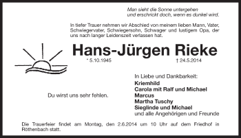 Traueranzeige von Hans-Jürgen Rieke von Pegnitz-Zeitung